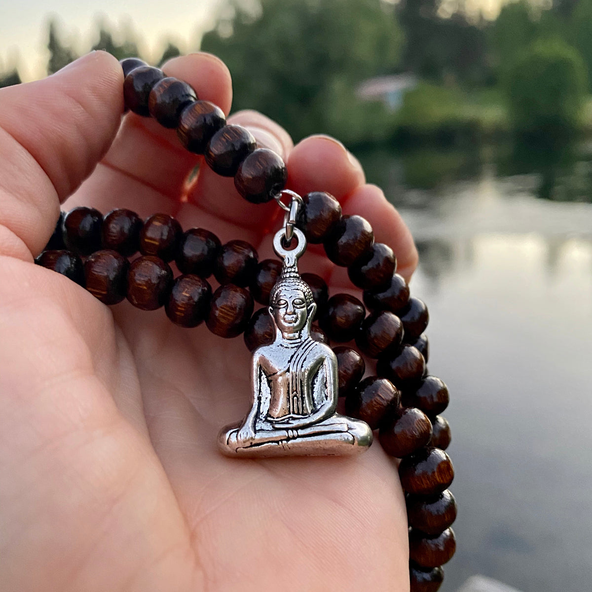 Prayer Bead Mala Wood Necklace with Buddha, 108 beads
