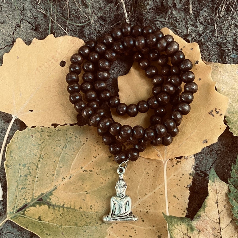 Prayer Bead Mala Wood Necklace with Buddha, 108 beads
