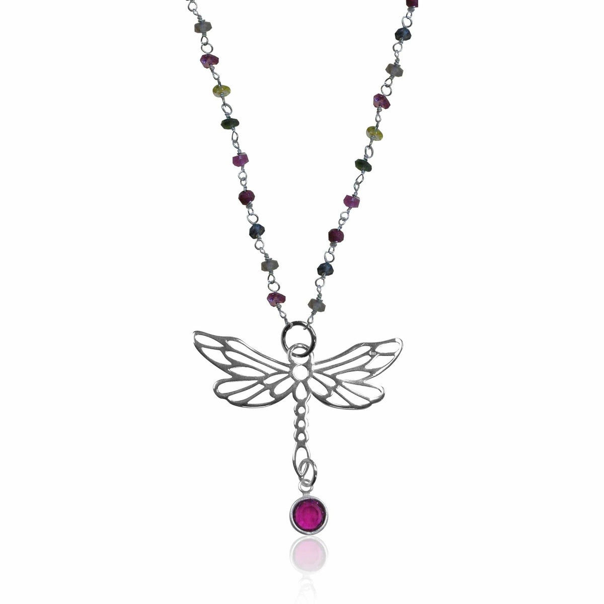 Silver Wire Wrapped Rainbow Tourmaline Necklace with a Dragonfly for Change in Your Life.