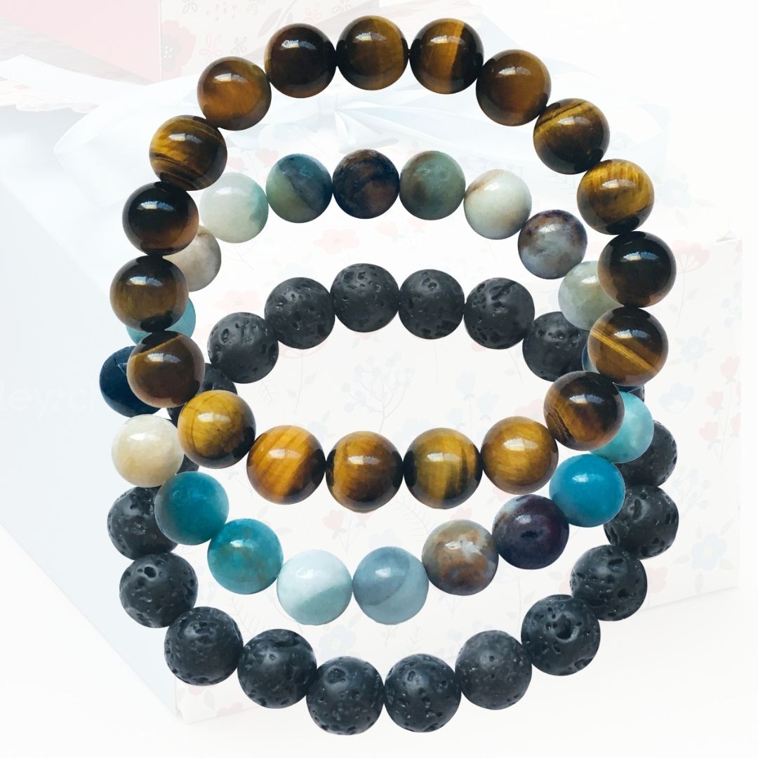 Calming Anxiety Jewelry Set: Lava Stone, Amazonite and Tiger Eye Bracelet Trio