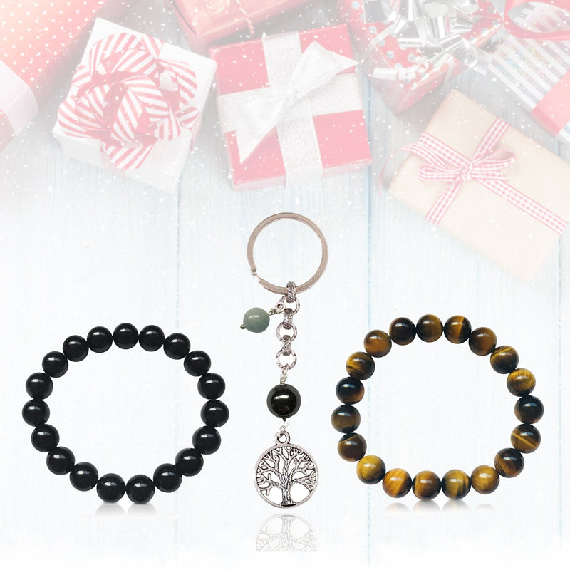 Gift Set for the Guys: Tiger Eye Grounding Bracelet, Onyx Bracelet for Self-Control, Tree of Life Key Chain for Grounding in a READY TO GIFT Box