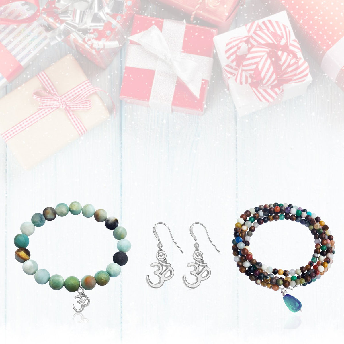 Gift Set for the Yogi: Mindfulness Wrap Bracelet, Amazonite Bracelet, Ohm Earring