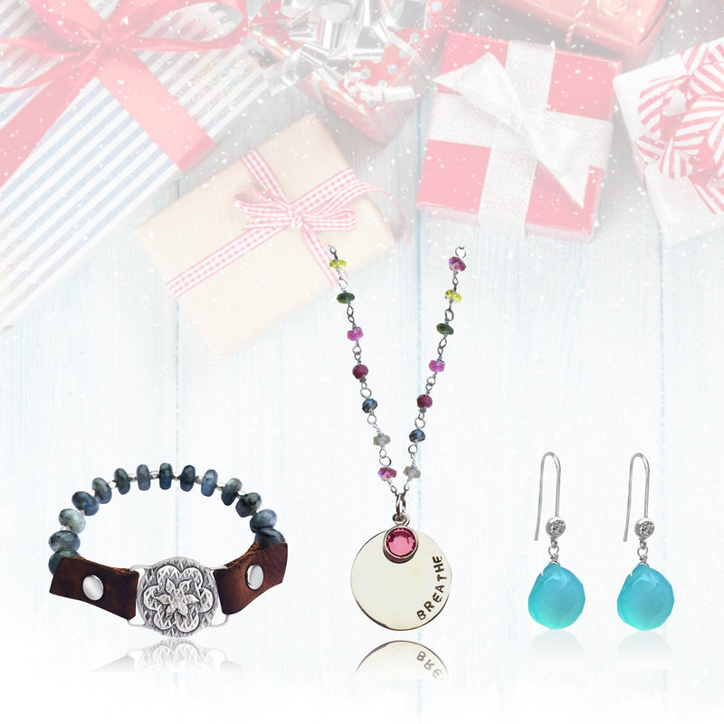 The Ultimate Inspirational Gift Set: BREATHE Tourmaline Necklace, Visualization Bracelet and Aquamarine Earrings Trio in a READY TO GIFT Box.