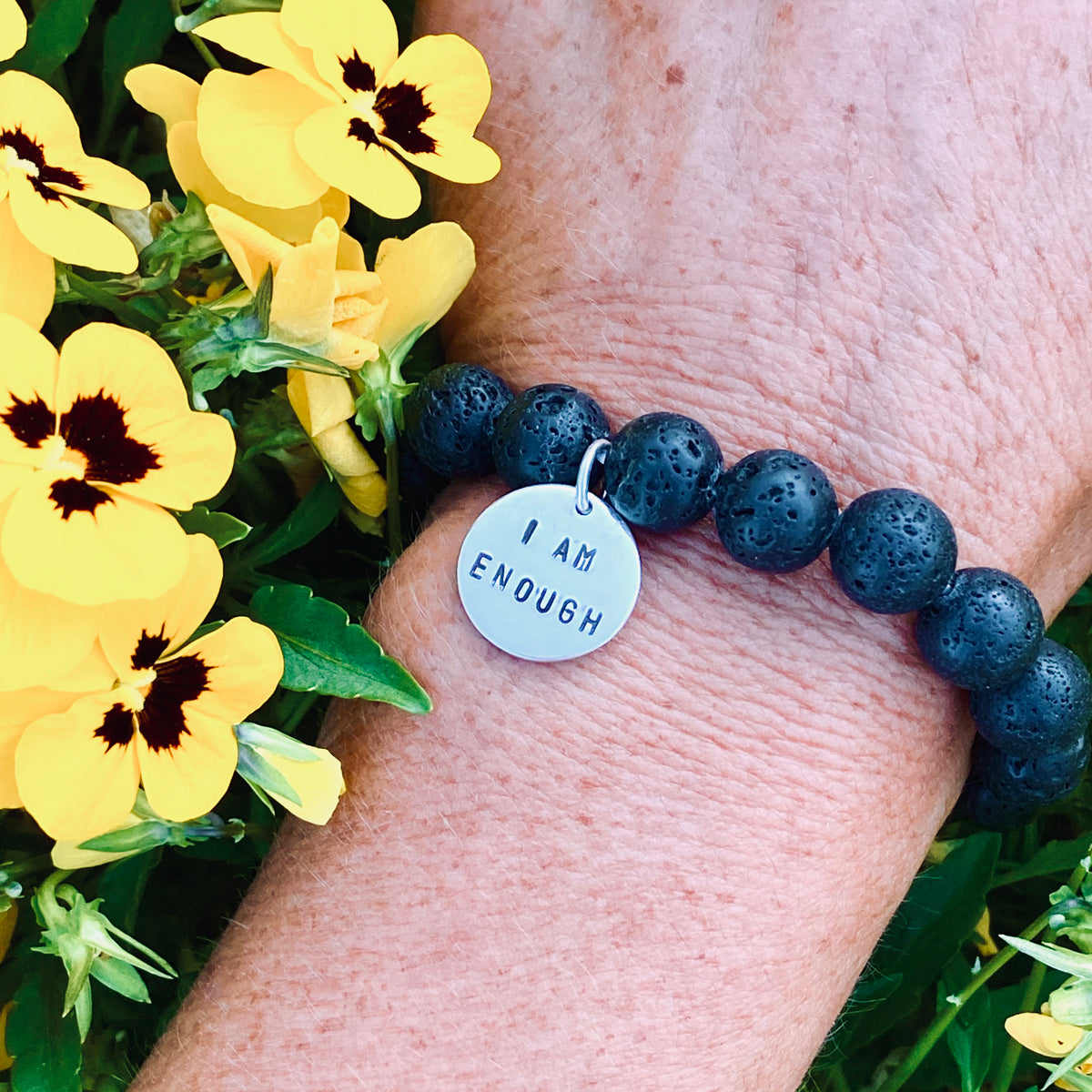 I am who I am and I am Enough Affirmation Bracelets with Tiger Eye and Lava Stone. 