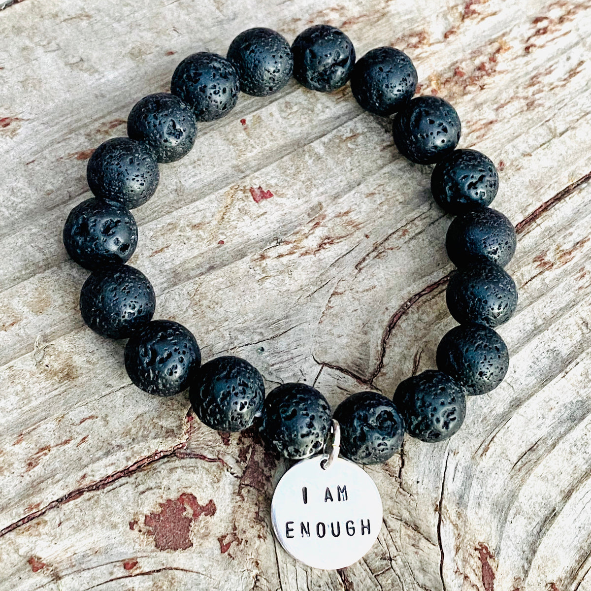I am who I am and I am Enough Affirmation Bracelets with Tiger Eye and Lava Stone. 