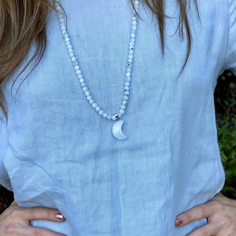 The Shoot for the Moon Jewelry Set includes:  - Moonstone Wrap Bracelet with a Crescent Moon Charm - Moonstone Lunar Energy Necklace for Healing - Clear Crystal Heart Shaped Healing Gemstone