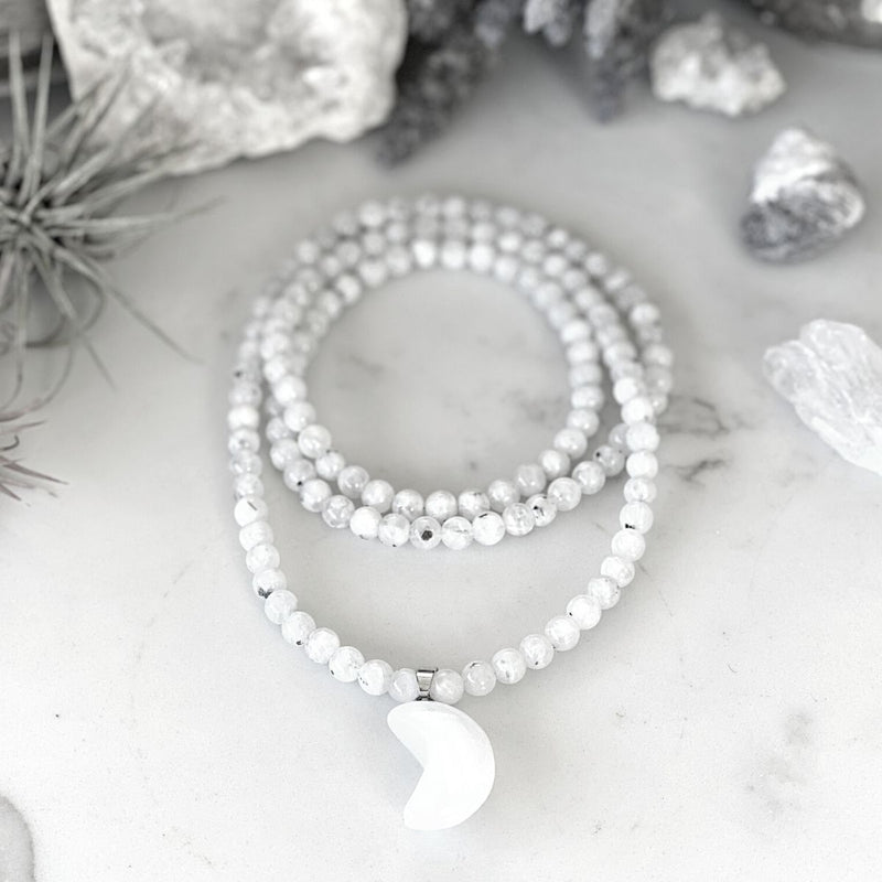 Moonstone Lunar Energy Necklace for Healing. This crystal moon necklace is made with a lovely bright white moon shaped crystal that inspires me to find the guiding light among the dark. A stone for “new beginnings”, Moonstone is a stone of inner growth and strength.