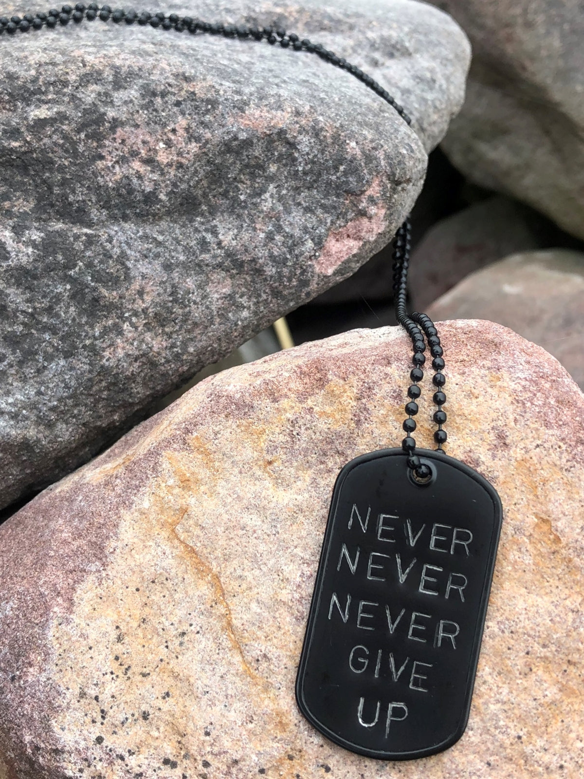 Black Stainless Steel Never Give Up Inspirational Dog Tag Necklace