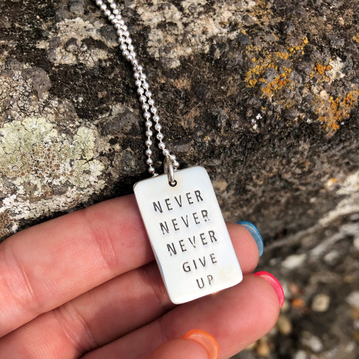 Never Give Up Sterling Silver Inspirational Dog Tag Necklace
