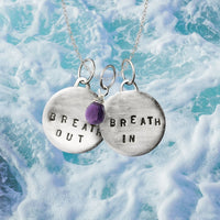 Sterling Silver Breath In - Breath Out Pendants with Amethyst for Calming Emotions on a sterling silver necklace - inspired by my scuba diving, yoga and being a mom.