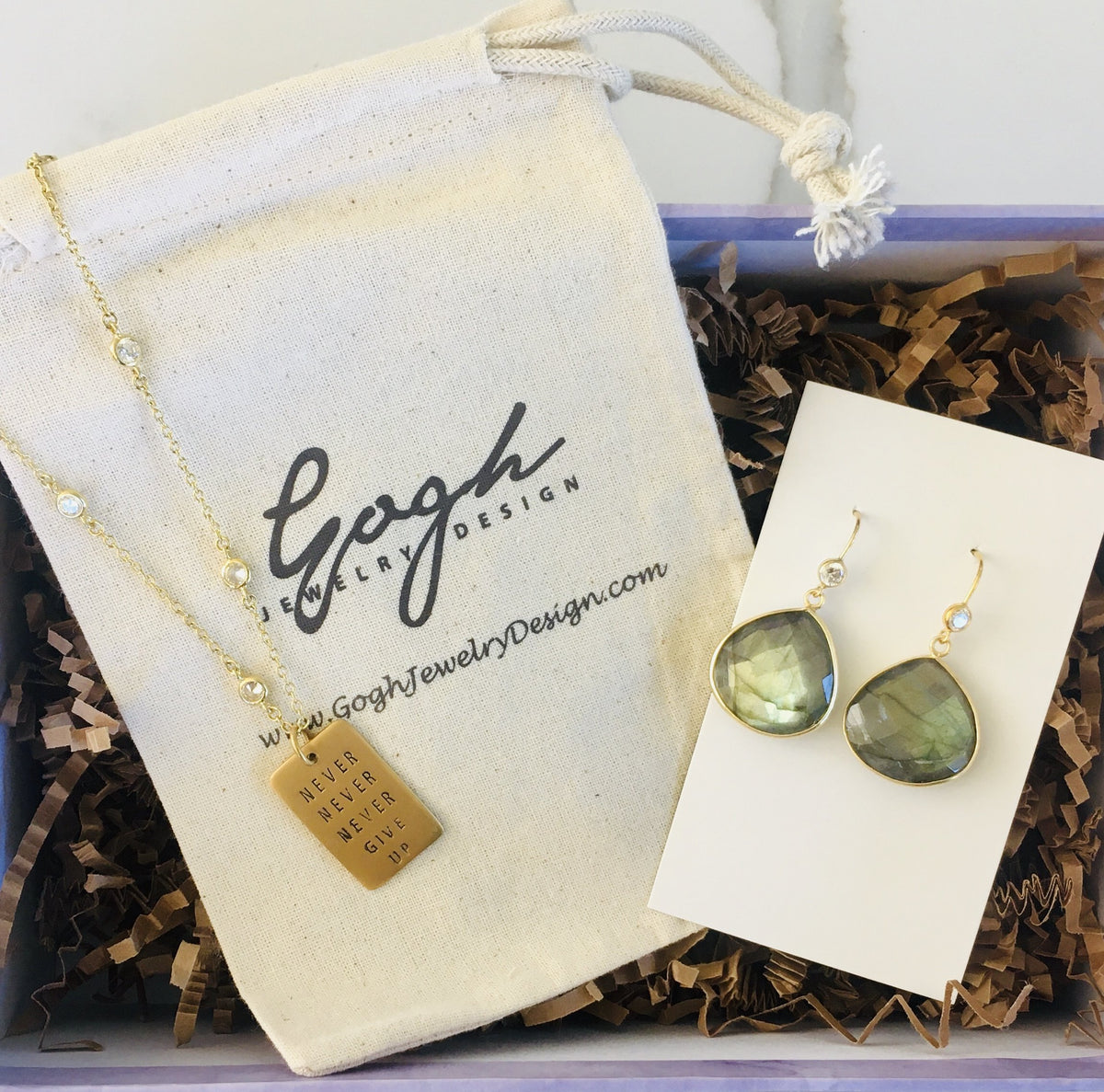 Gift Set to Give Courage: Never Give Up Dog Tag Necklace, Labradorite Earrings 
