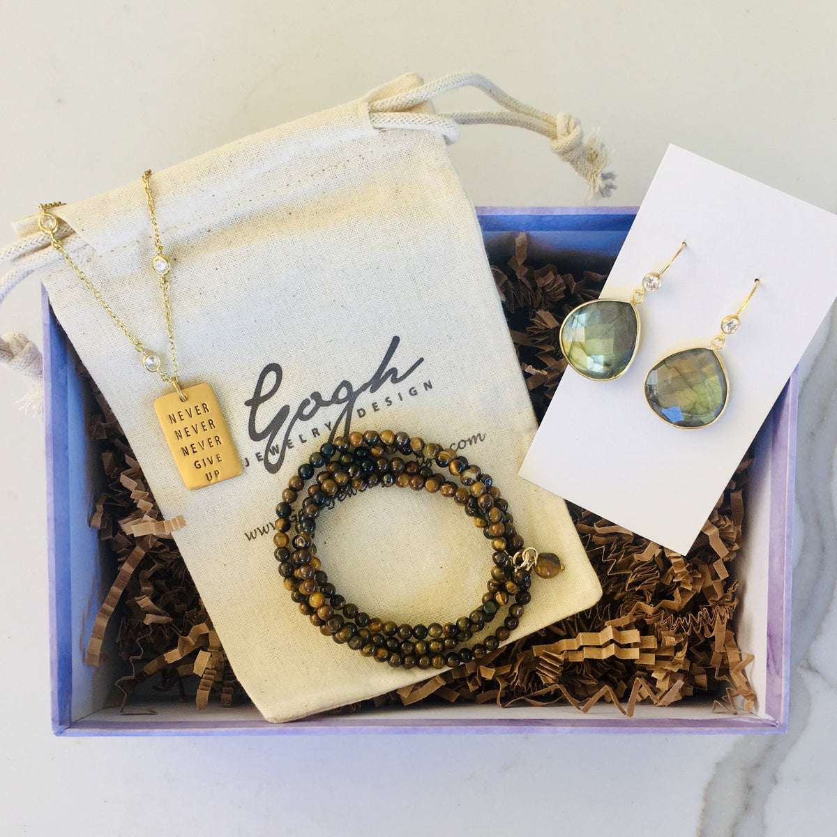 Gift Set for Positive Mindset: Never Give Up Dog Tag Necklace, Labradorite Earrings, Tiger Eye Wrap Bracelet 
