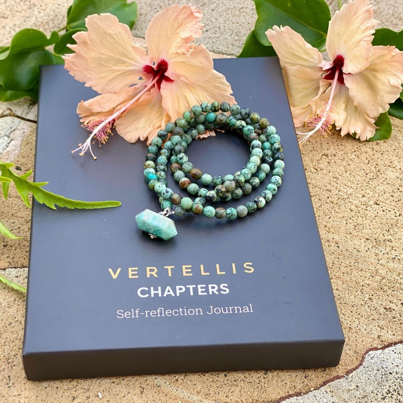 The Self Acceptance African Turquoise Jewelry Set includes:  - African Turquoise Bracelet - African Turquoise Necklace - Moss Agate Heart Shaped Gemstone