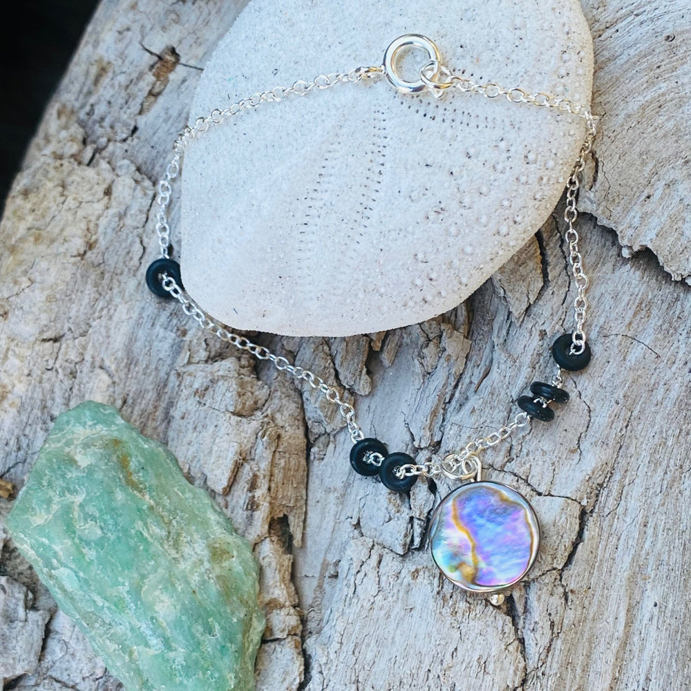 Zero Waste Bracelet with up-recycled SCUBA parts and Abalone pendant from the Pacific Ocean.  Eco-conscious jewelry for the ocean lovers, surfers, scuba divers.
