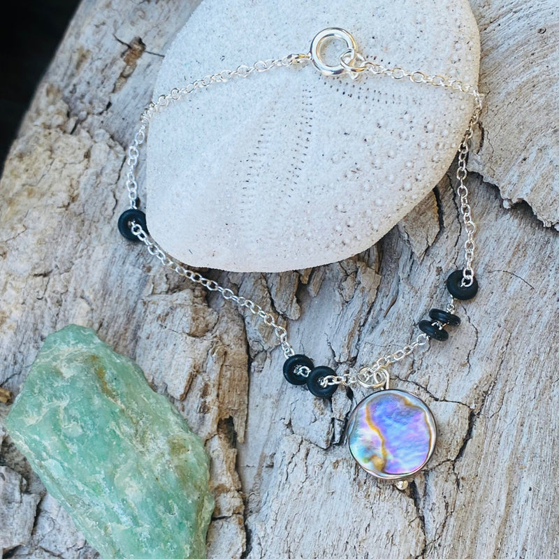 ero Waste Anklet with up-recycled SCUBA parts and Abalone pendant from the Pacific Ocean.  Eco-conscious jewelry for the ocean lovers, surfers, scuba divers.