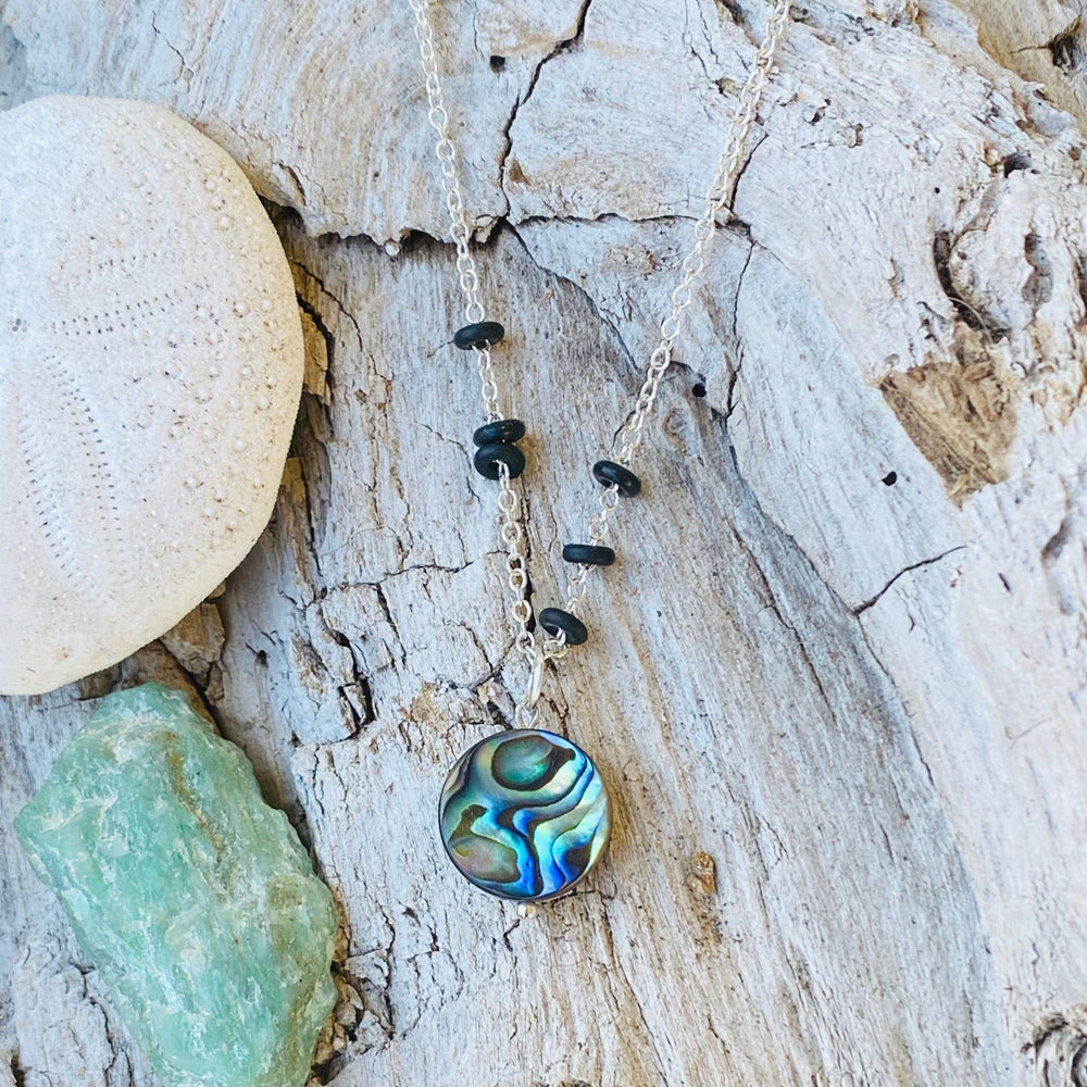 Zero Waste Necklace with up-recycled SCUBA parts and Abalone pendant from the Pacific Ocean.  Eco-conscious jewelry for the ocean lovers, surfers, scuba divers.