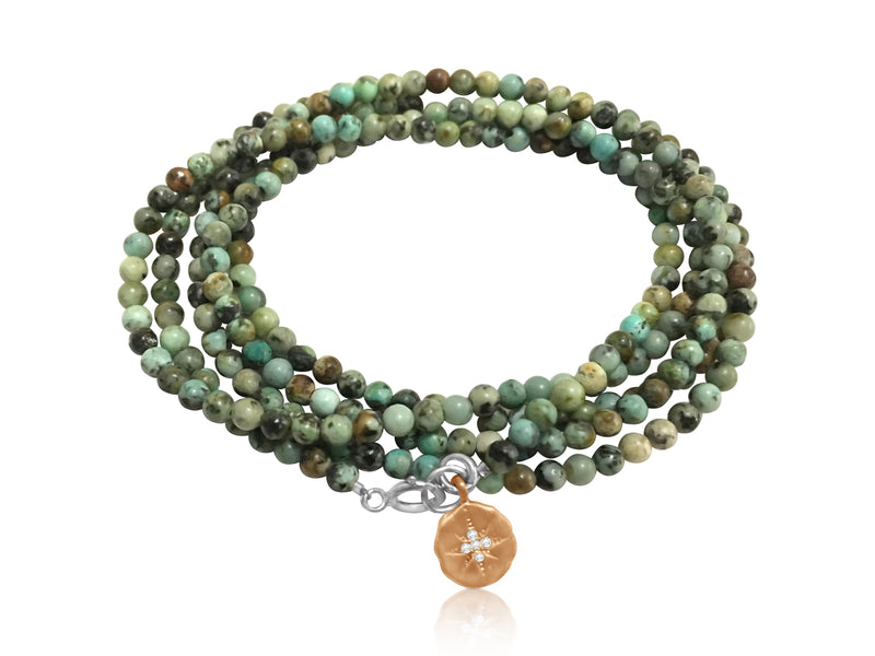 Enjoy the Journey - African Turquoise Wrap Bracelet with Rose Gold (Gold Filled) Compass Charm
