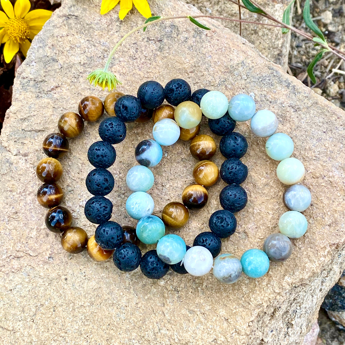 Lava Stone, Amazonite and Tiger Eye Bracelet Trio for Calming Emotions