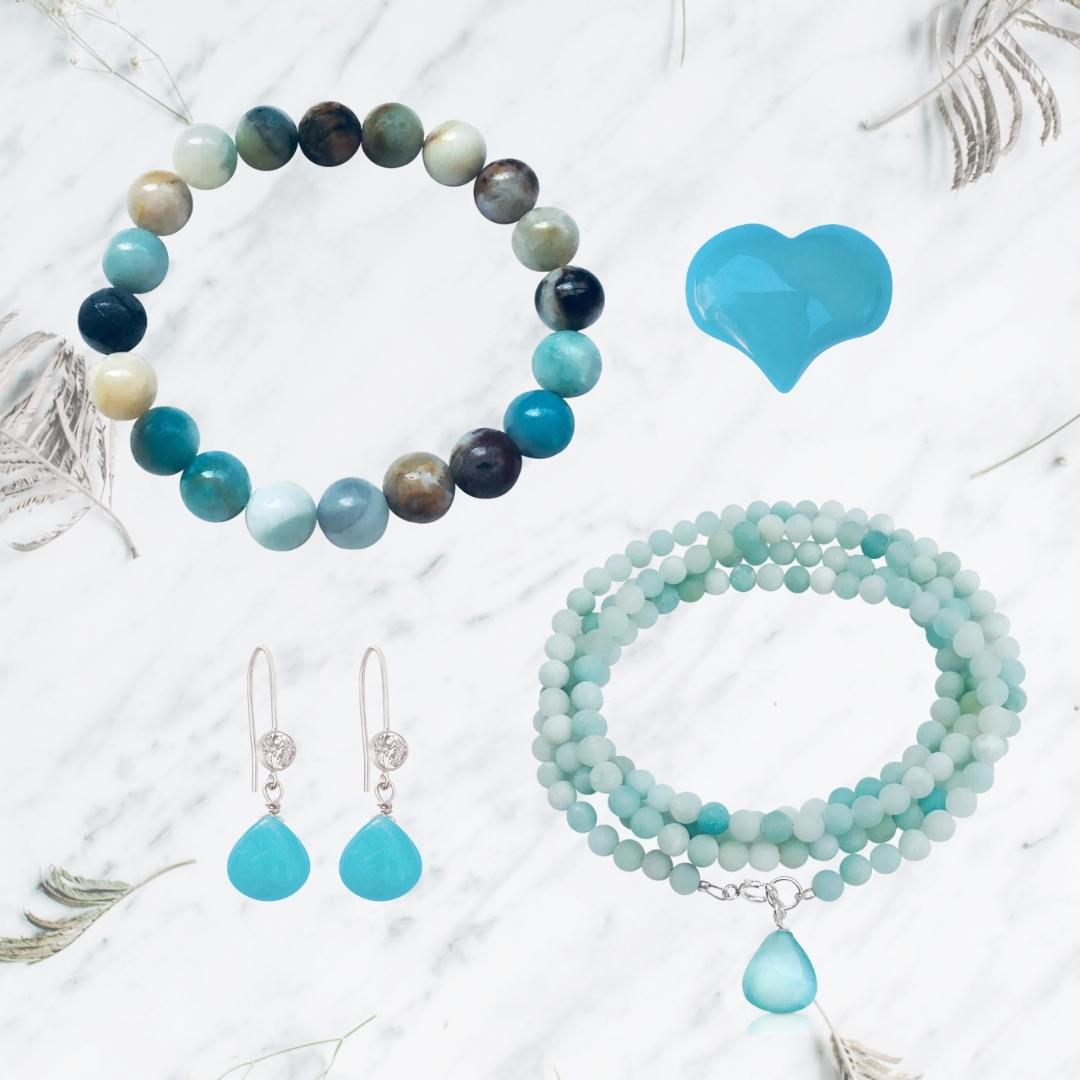 The Courage over Fear Set Jewelry Set to Move Beyond Fear includes: - Amazonite Bracelet - Amazonite Wrap Bracelet - Sterling Silver Amazonite Earrings  - Amazonite Heart Shaped Gemstone