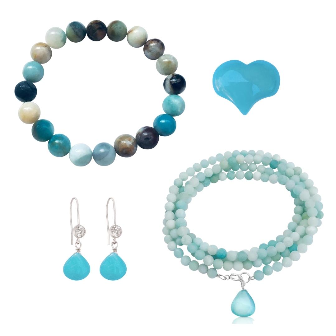 The Courage over Fear Set Jewelry Set to Move Beyond Fear includes: - Amazonite Bracelet - Amazonite Wrap Bracelet - Sterling Silver Amazonite Earrings  - Amazonite Heart Shaped Gemstone