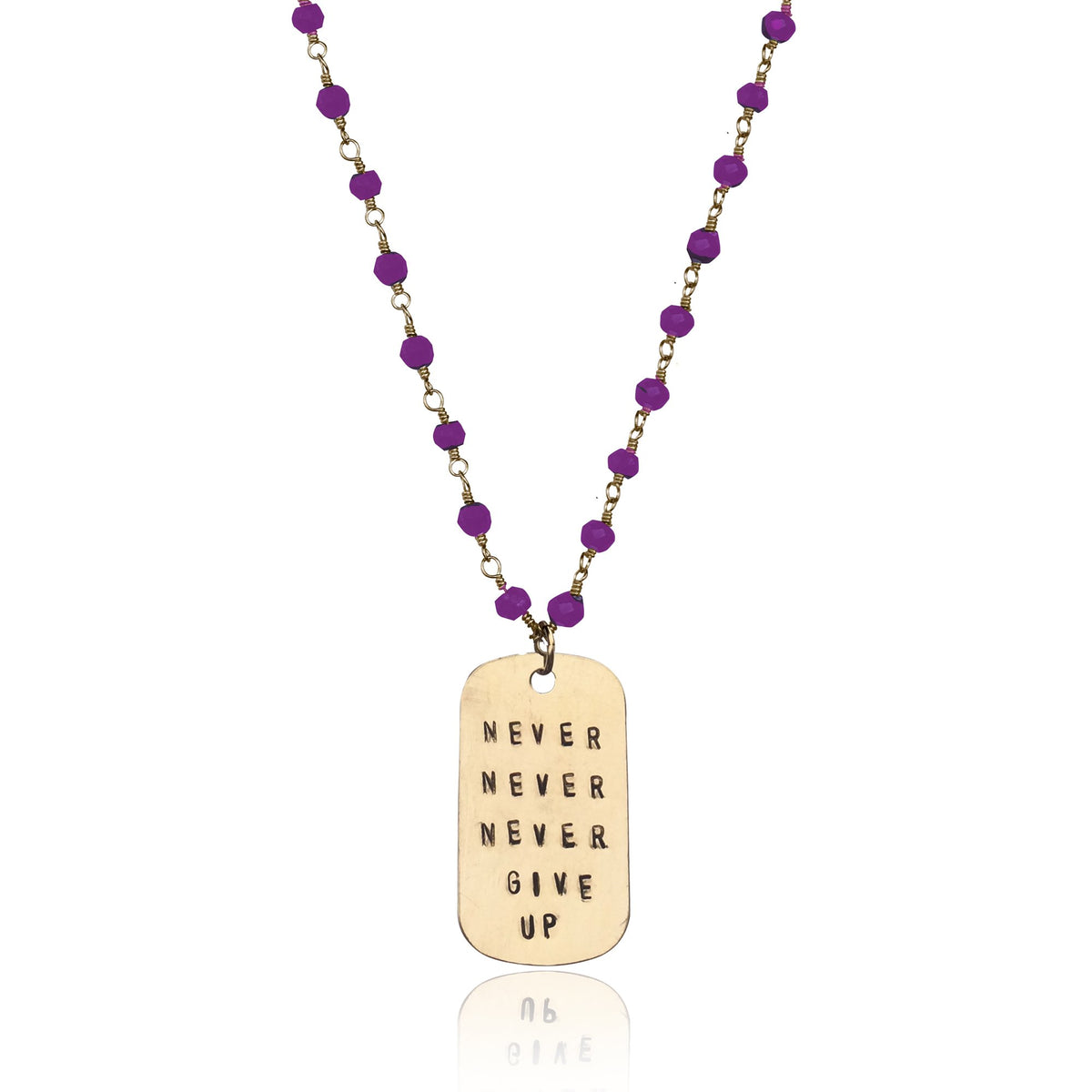 Inspirational Gold Filled Never Give Up Dog Tag on Gold Filled Wire Wrapped Amethyst Necklace.