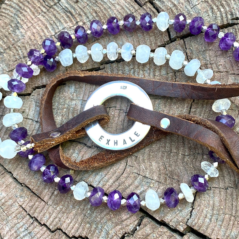 Amethyst & Moonstone Serenity Necklace for New Beginnings with Inhale - Exhale Reminder