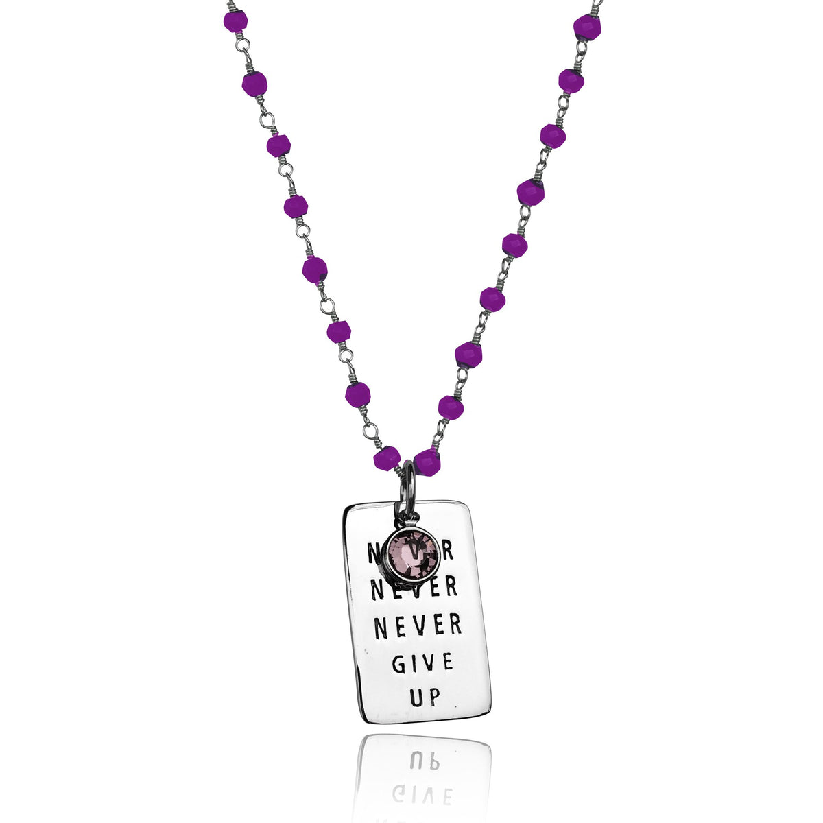 Never Give Up Sterling Silver Inspirational Amethyst Dog Tag Necklace