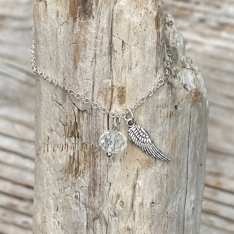 Guardian Angel Wing Bracelet with a Clear Crystal Charm