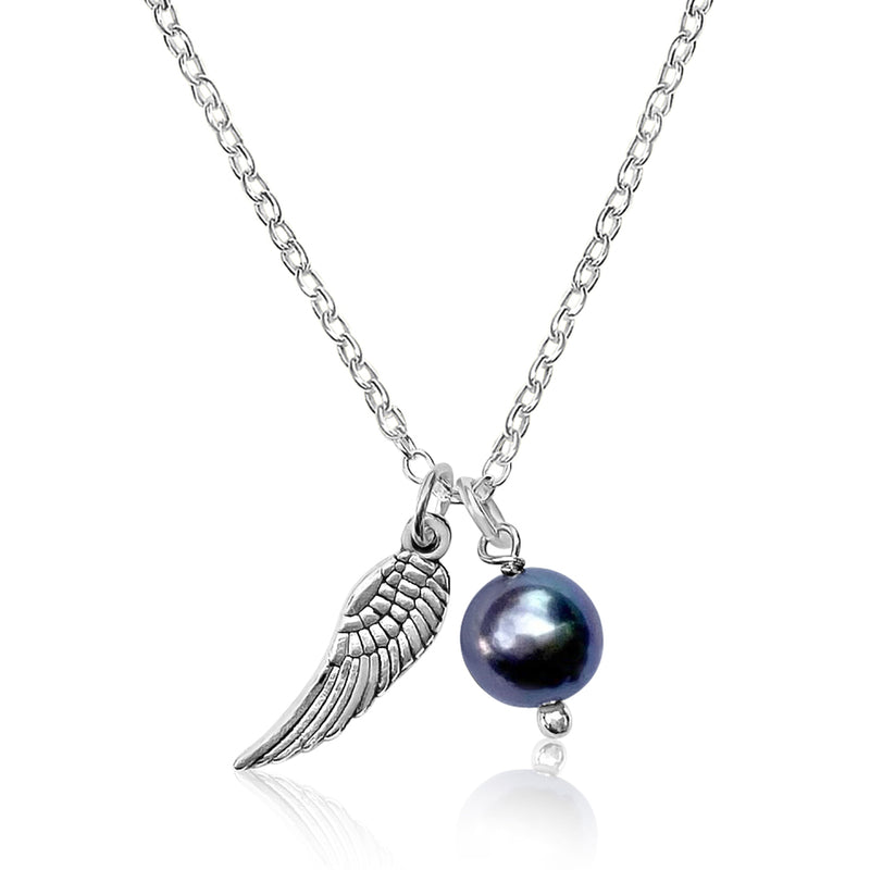 Silver Loving Thoughts Necklace with Angel Wings and Pearl Charms
