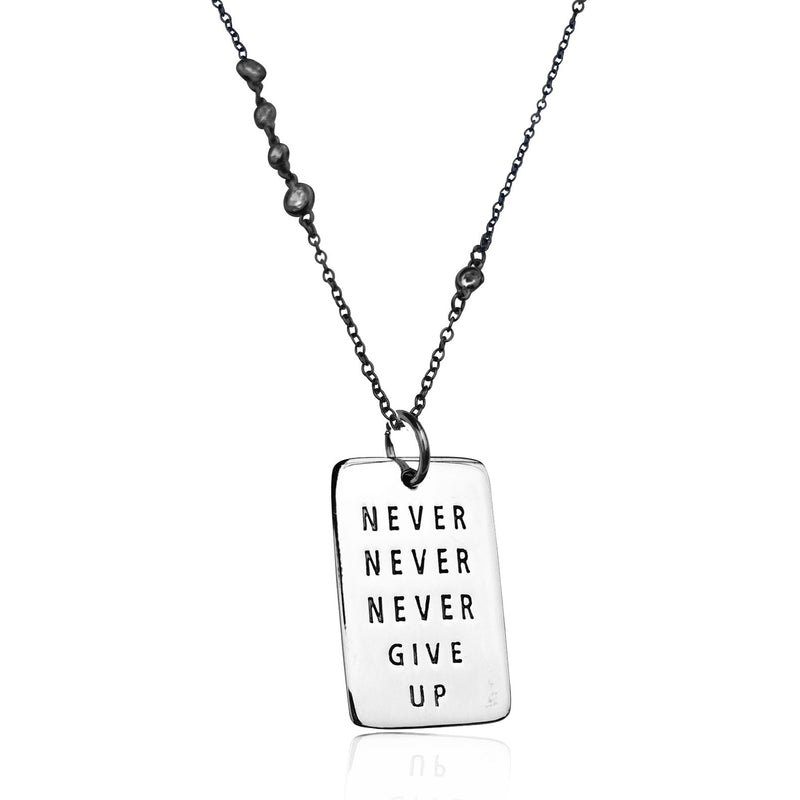 Never Give Up Sterling Silver Inspirational Dog Tag on Antique Looking Black Necklace with Crystals