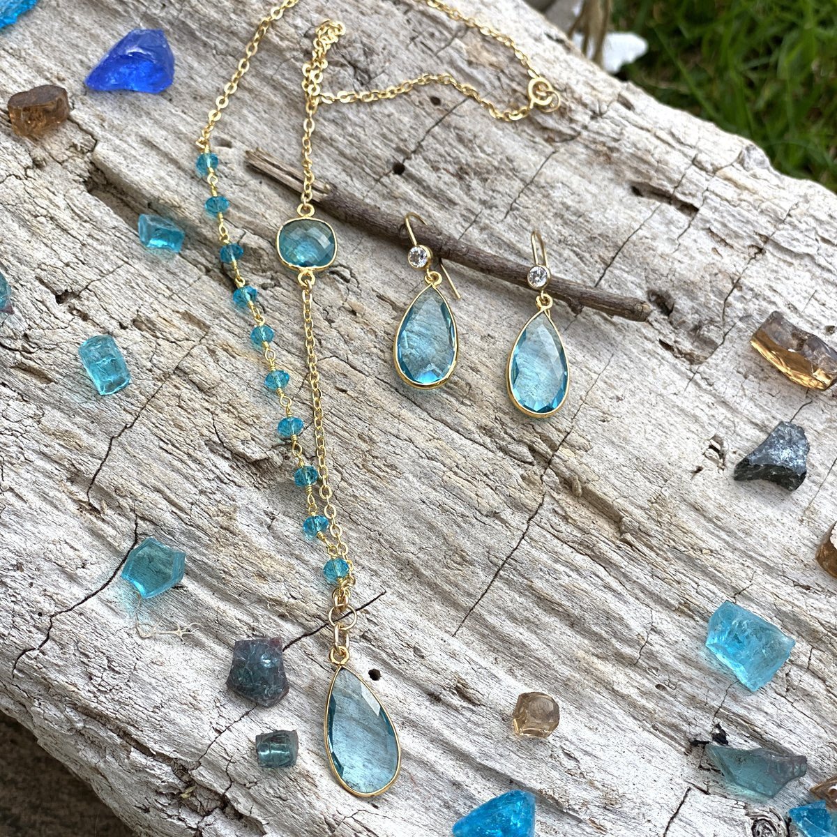 Asymmetrical Aquamarine Crystal Necklace and Earrings for Courage