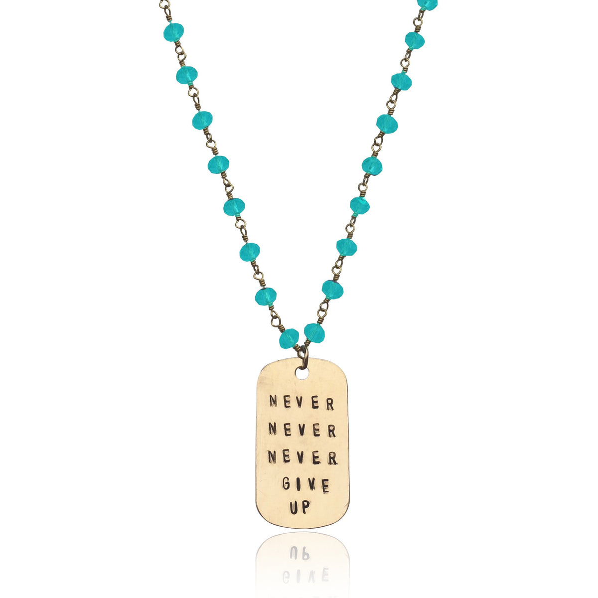 Inspirational Gold Filled Never Give Up Dog Tag on Gold Filled Wire Wrapped Aquamarine Necklace