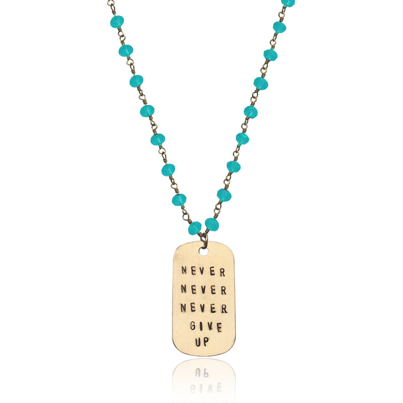 Inspirational Gold Filled Never Give Up Dog Tag on Gold Filled Wire Wrapped Aquamarine Necklace
