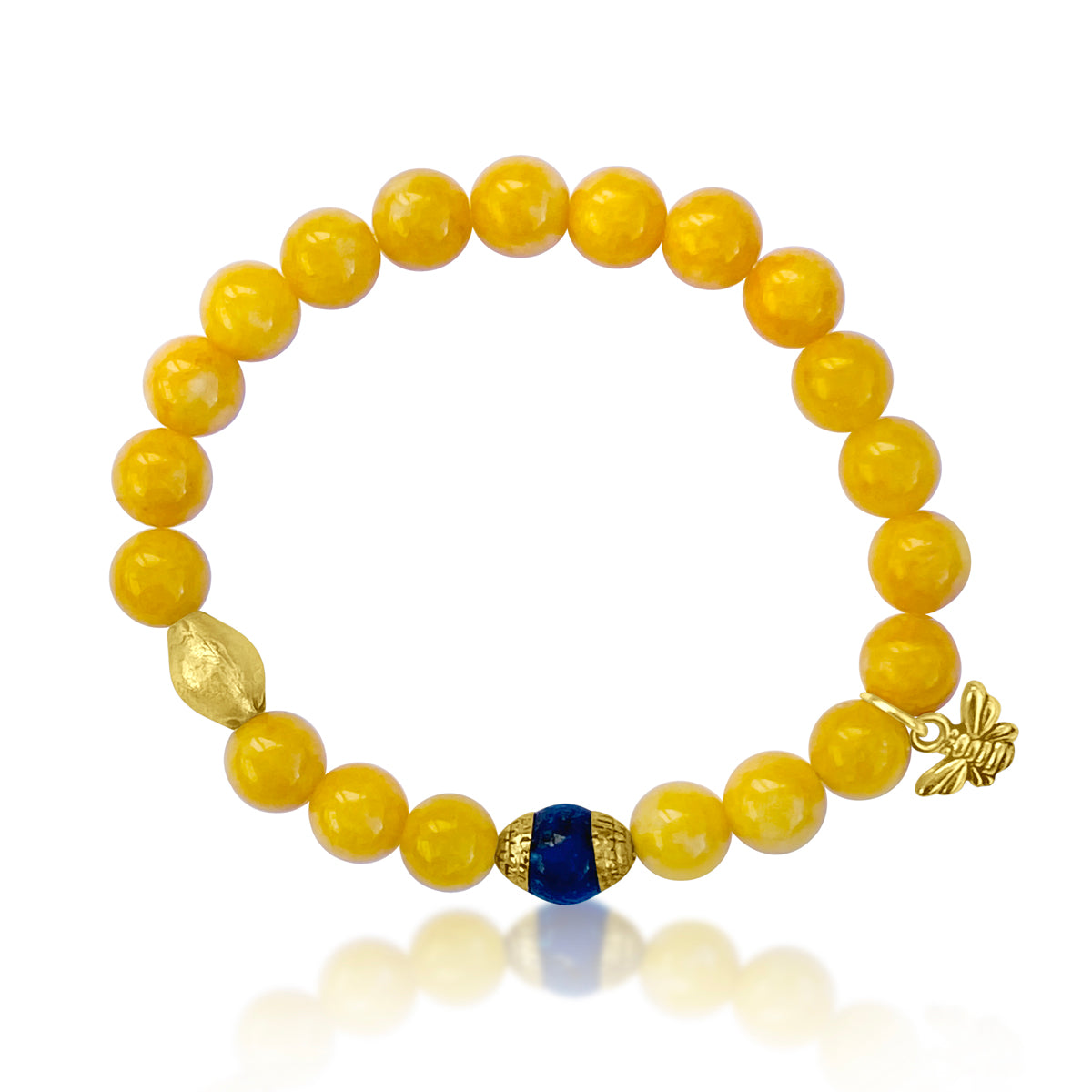 Bee Happy Honey Calcite Bracelet with Lapis Lazuli to Open Your Mind to All Possibilities. The bracelet is adorned with a playful bee charm to help you live happy.