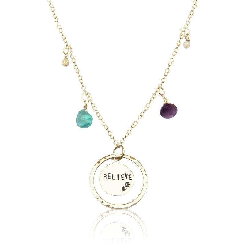 Sterling Silver Believe Necklace with Amethyst, Aquamarine Quartz and Silver Charms.  Stay Positive and Make a Wish! Believe that it Can Happen! It Can Happen and It Will.