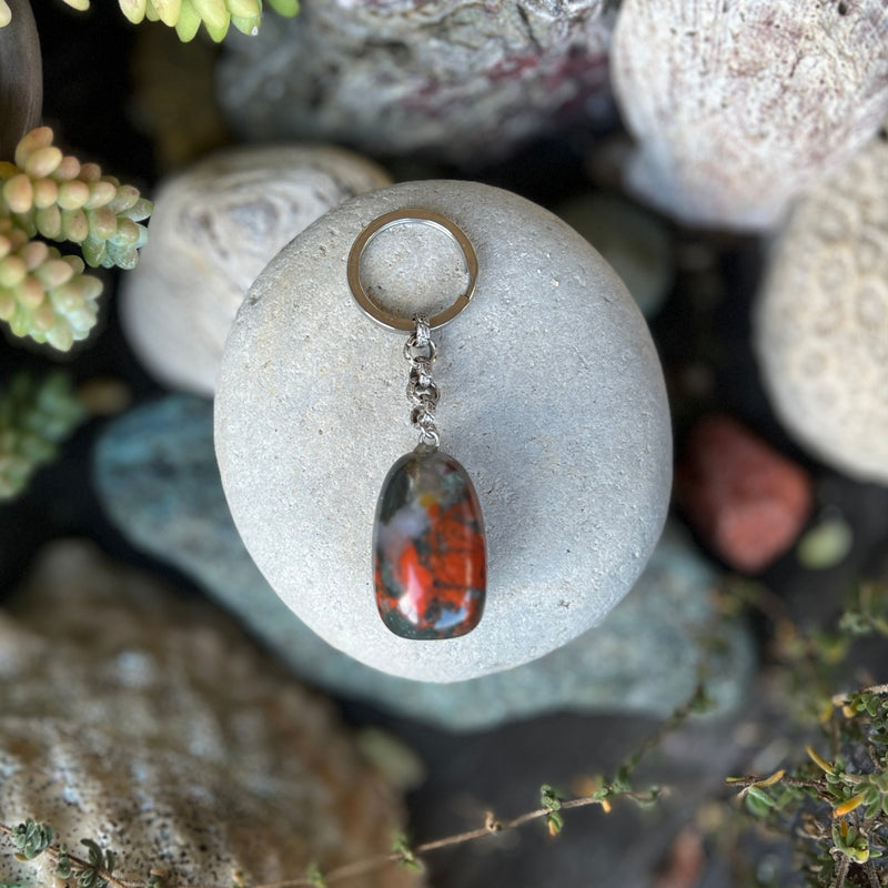 Bloodstone Keychain.  Bloodstone is a stone of courage and wisdom, noble sacrifice, and altruistic character. Bloodstone represents a courageous spirit.
