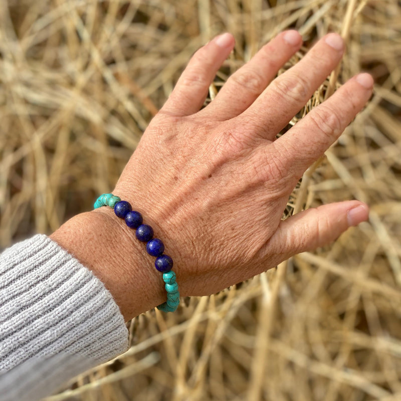 Ocean Planet - Blue Marble Gratitude Bracelet with Lapis Lazuli Earth Symbol Pendant on a Turquoise Howlite Mala Bracelet. "You are not a drop in the ocean, you are the entire ocean in a drop." – Rumi Lapis Lazuli is known as the water stone, so you can easily assume its elemental affinity. 
