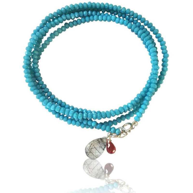 Teal Blue Crystal Wrap Bracelet for Open Communication with Rutilated Quartz and Garnet Charms