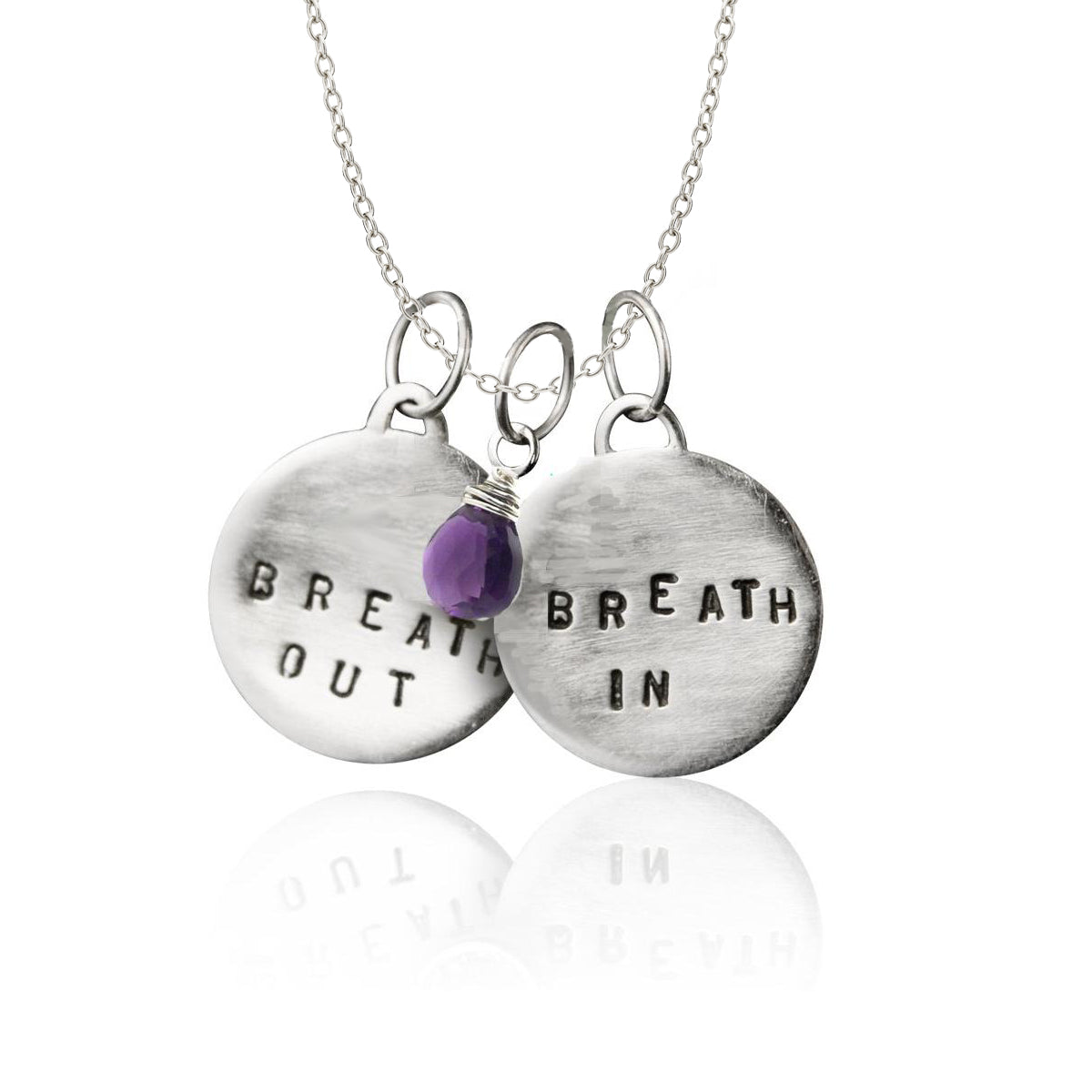 Sterling Silver Breath In - Breath Out Pendants with Amethyst for Calming Emotions on a sterling silver necklace - inspired by my scuba diving, yoga and being a mom.