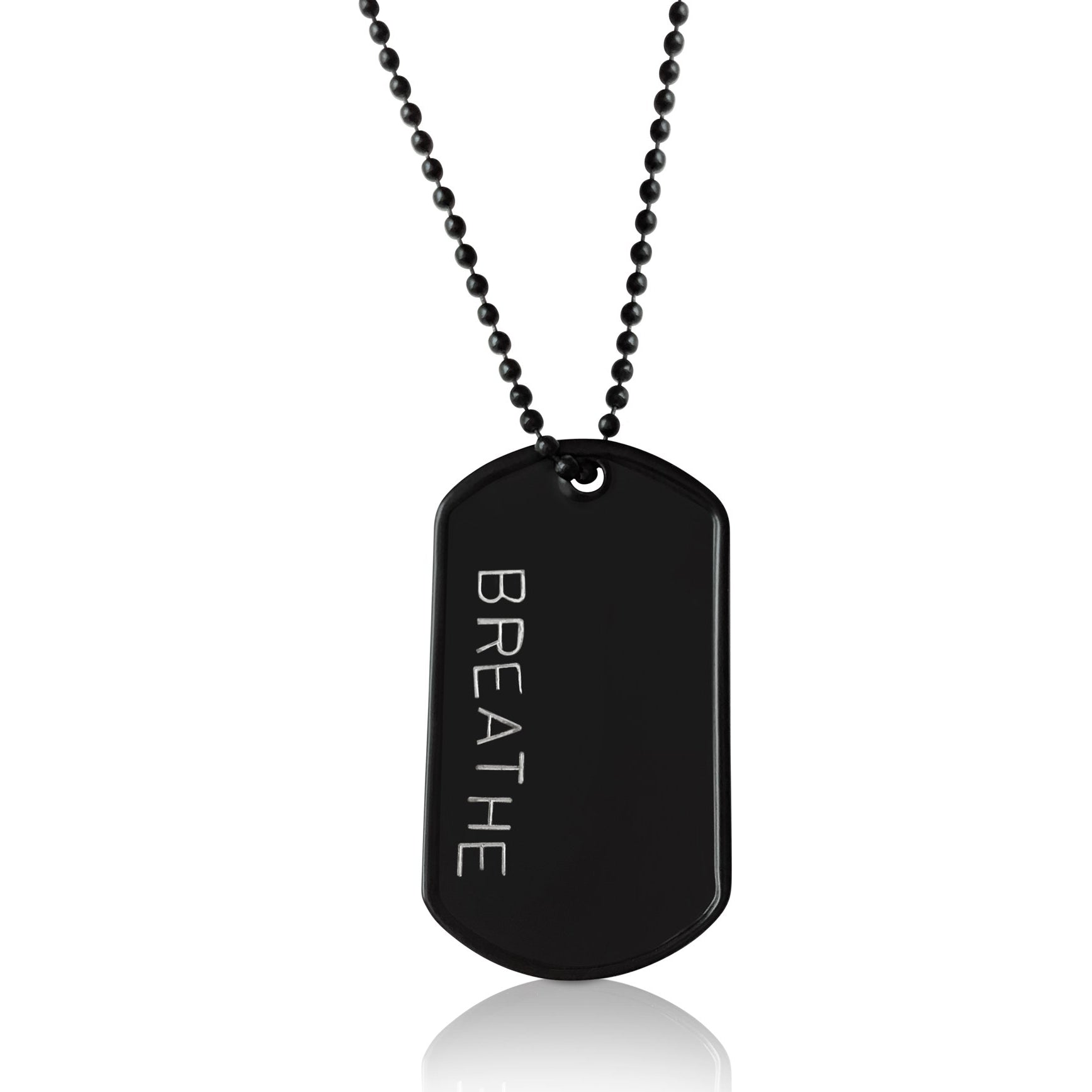 BREATHE - Black Stainless Steel Dog Tag Necklace. Yoga Inspired Military, Army, Navy Style Unisex Mindfulness Accessory