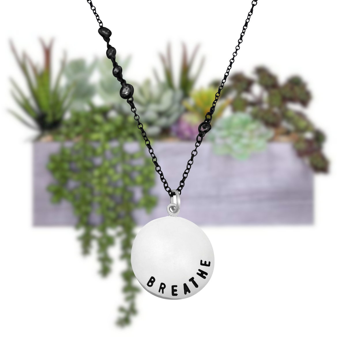 Sterling Silver BREATHE Pendant on an Antiqued Black Sparkly Necklace