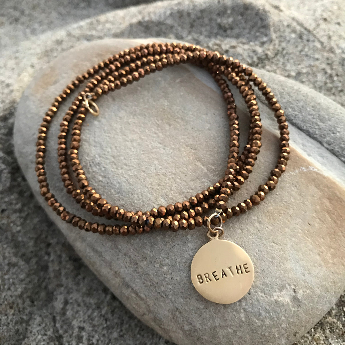 Yoga inspired BREATHE Wrap Bracelet with Bronze Crystals and Gold Filled BREATHE Charm