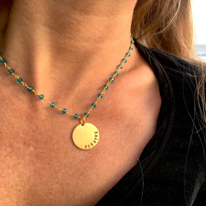 Gold Filled BREATHE Pendant on Aquamarine Necklace for Courage