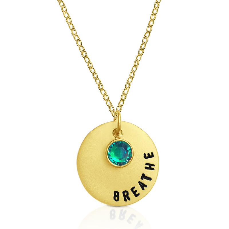 Hand stamped gold filled BREATHE necklace is made for yogis, scuba divers and mothers.