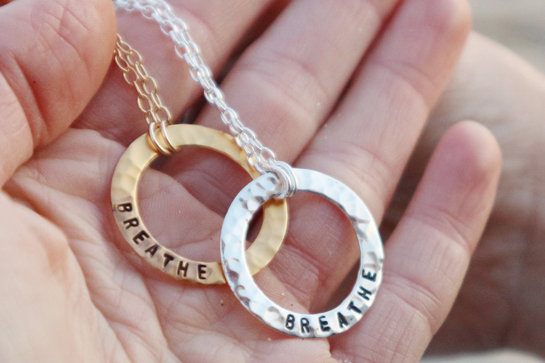 BREATHE Infinity Circle Necklace to remind you of the importance to paying attention to your breathing