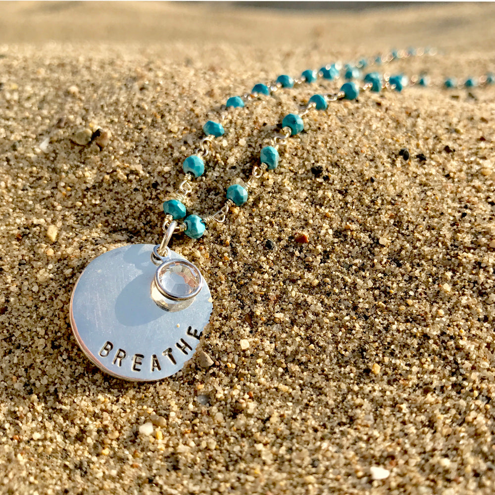 Sterling Silver BREATHE Pendant on Turquoise Necklace for Exhaustion