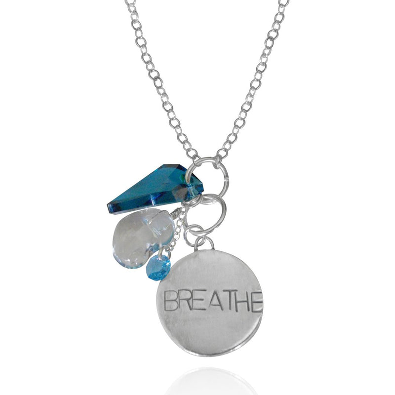 Sterling Silver BREATHE Necklace with Blue and Clear Crystals
