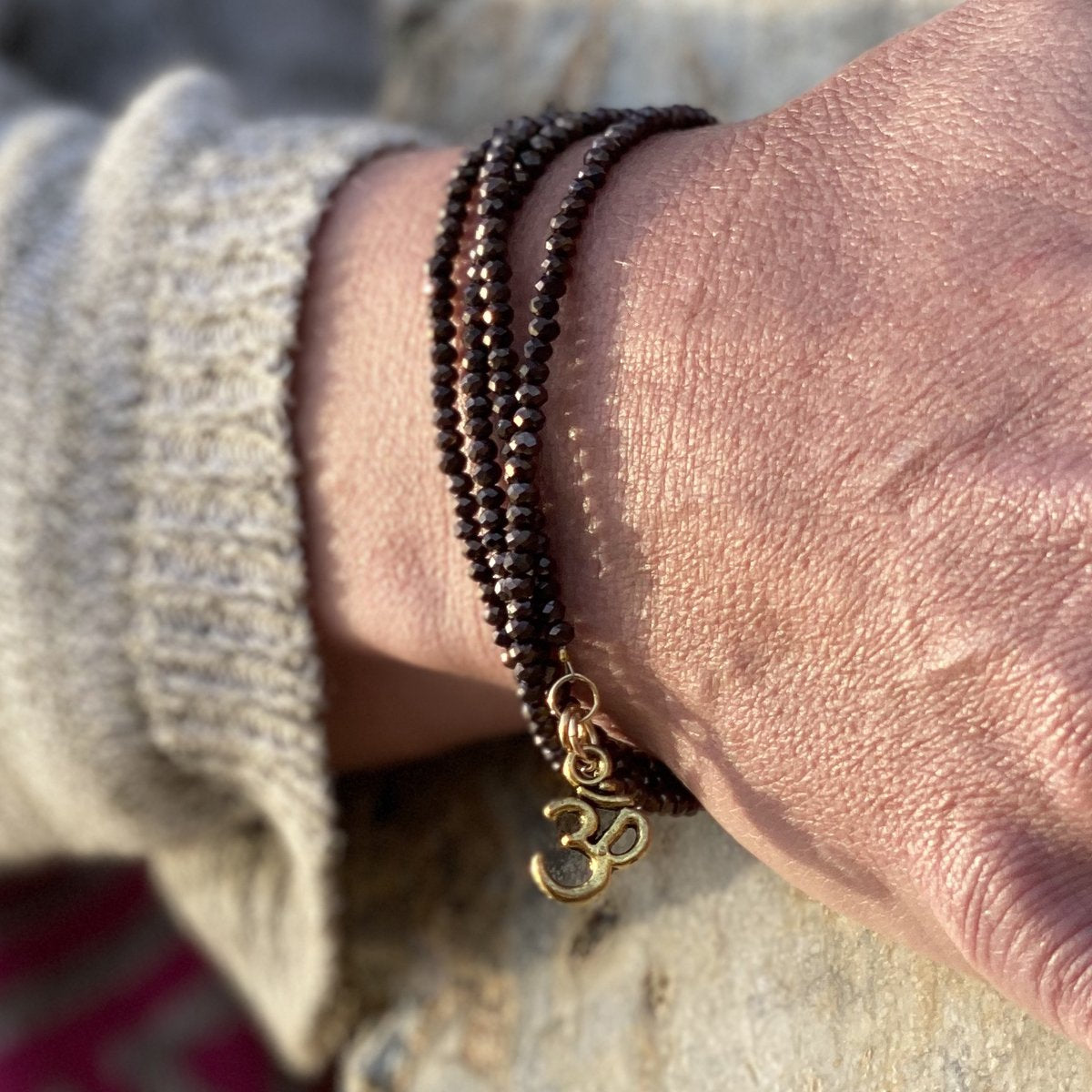 Positive Energy Yoga Wrap Bracelet with Ohm Charm, Copper Bronze Crystal