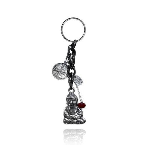 Yoga Key Chain with Silver EP Buddha, St. Bendictus, Made with Love and Red Crystal Charms