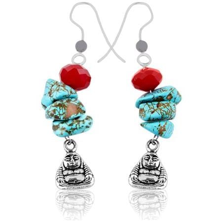 Yoga Earring with Buddha, Red Crystal and Turquoise